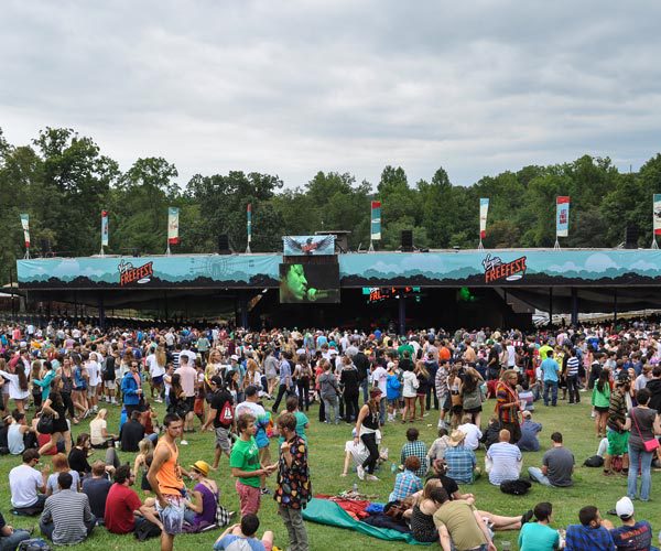 A crowd of people sitting on the grass at an outdoor concert.