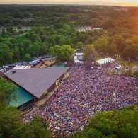 An aerial view of a crowd at a concert.