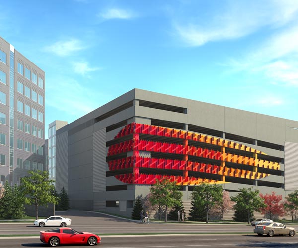 A rendering of the parking garage at the new city hall.